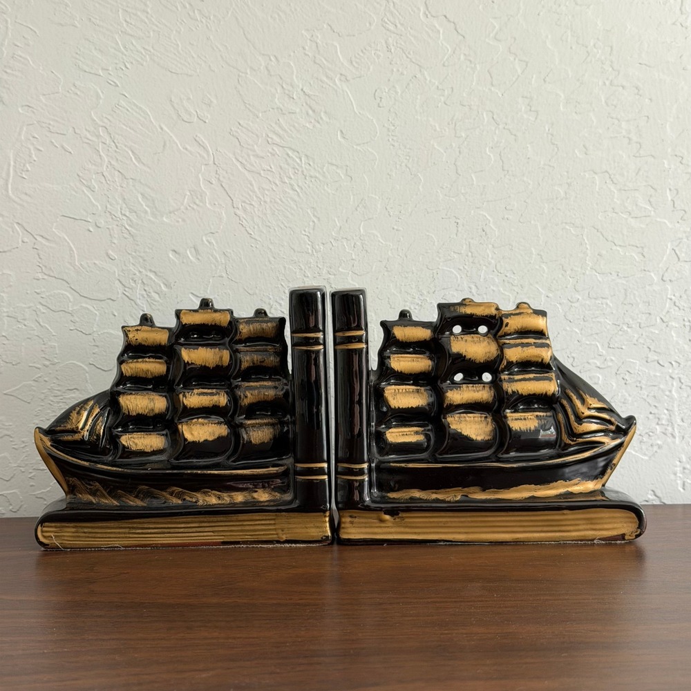 Vintage Bookends Black Gold Sail Boat Ships Ceramic Cottagecore Cabincore